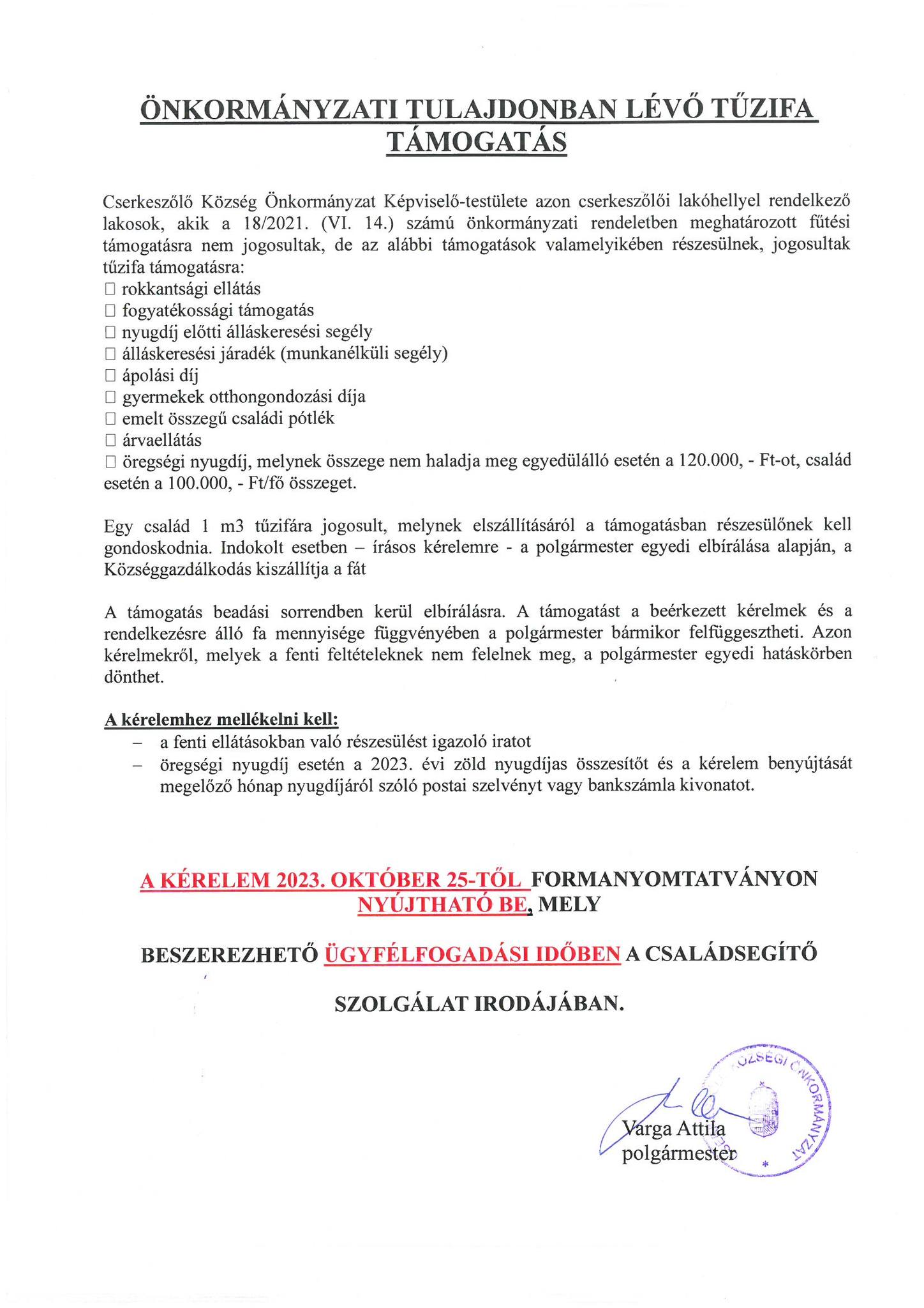 ÖNKORMÁNYZATI TULAJDONBAN LÉVŐ TŰZIFA TÁMOGATÁS