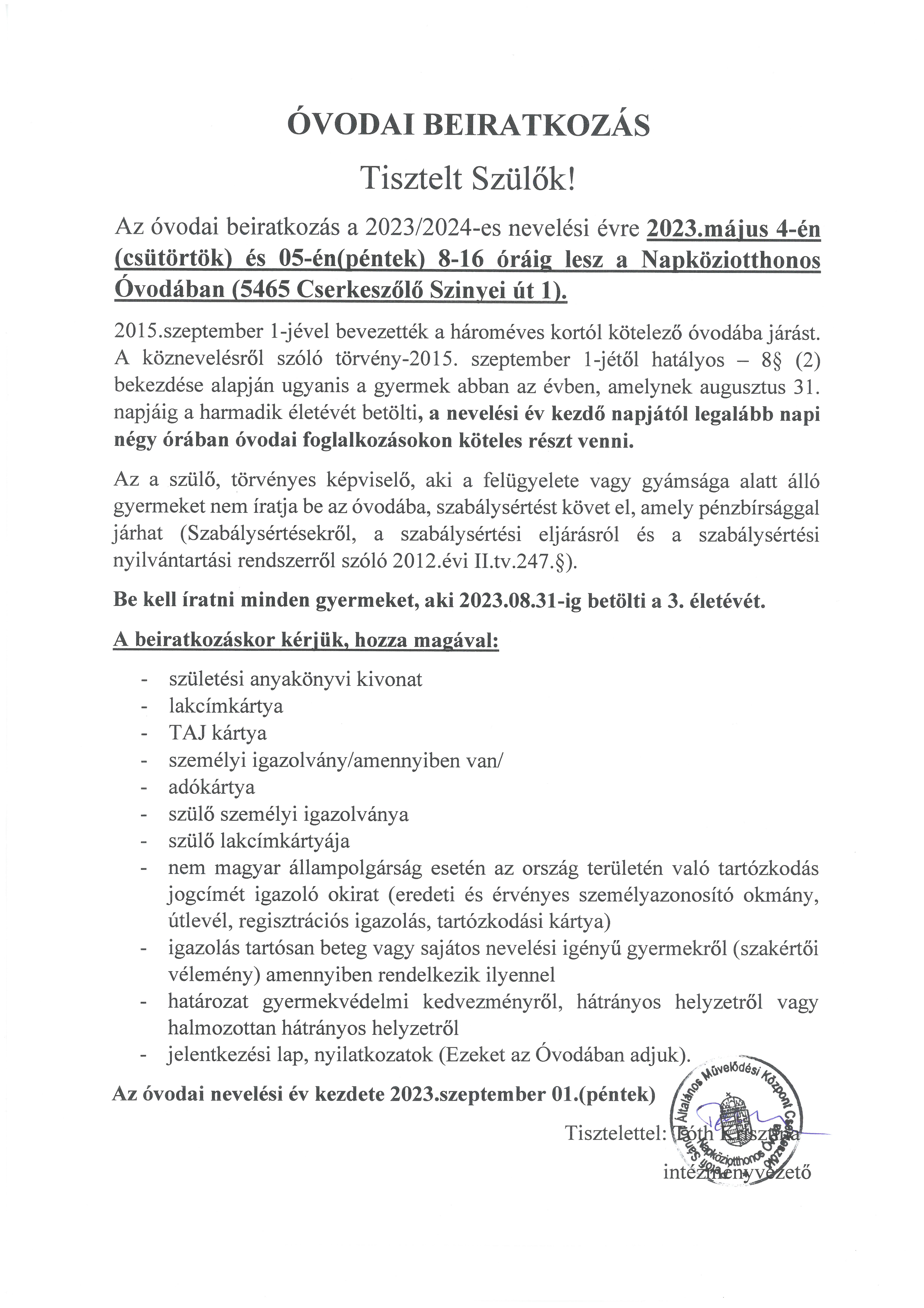 Óvodai beiratkozás