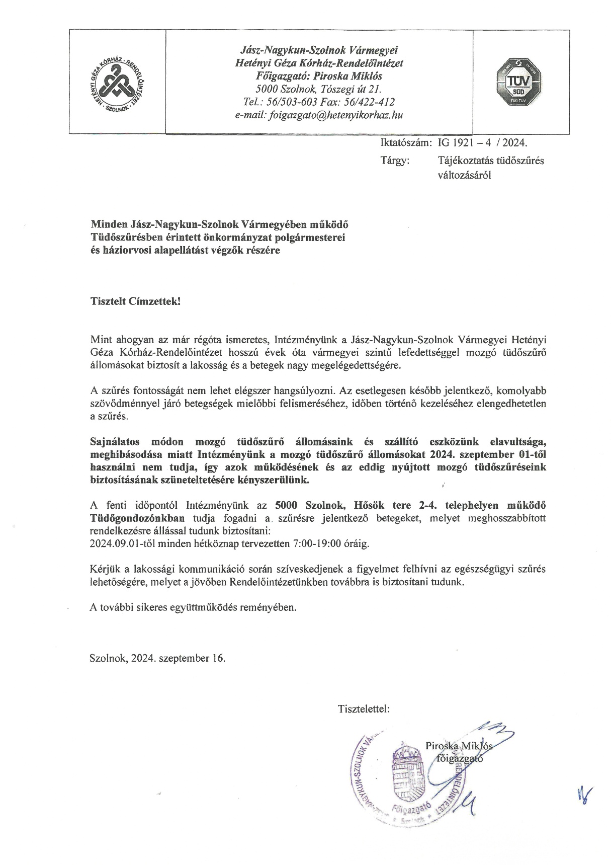 Tájékoztatás tüdőszűrés változásáról