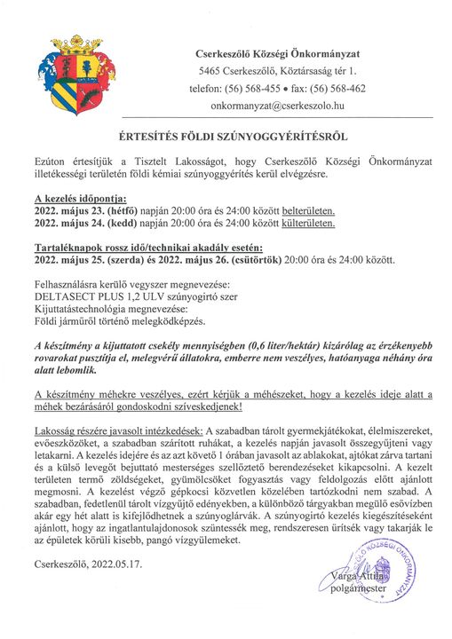 Értesítés földi kémiai szúnyoggyérítésről