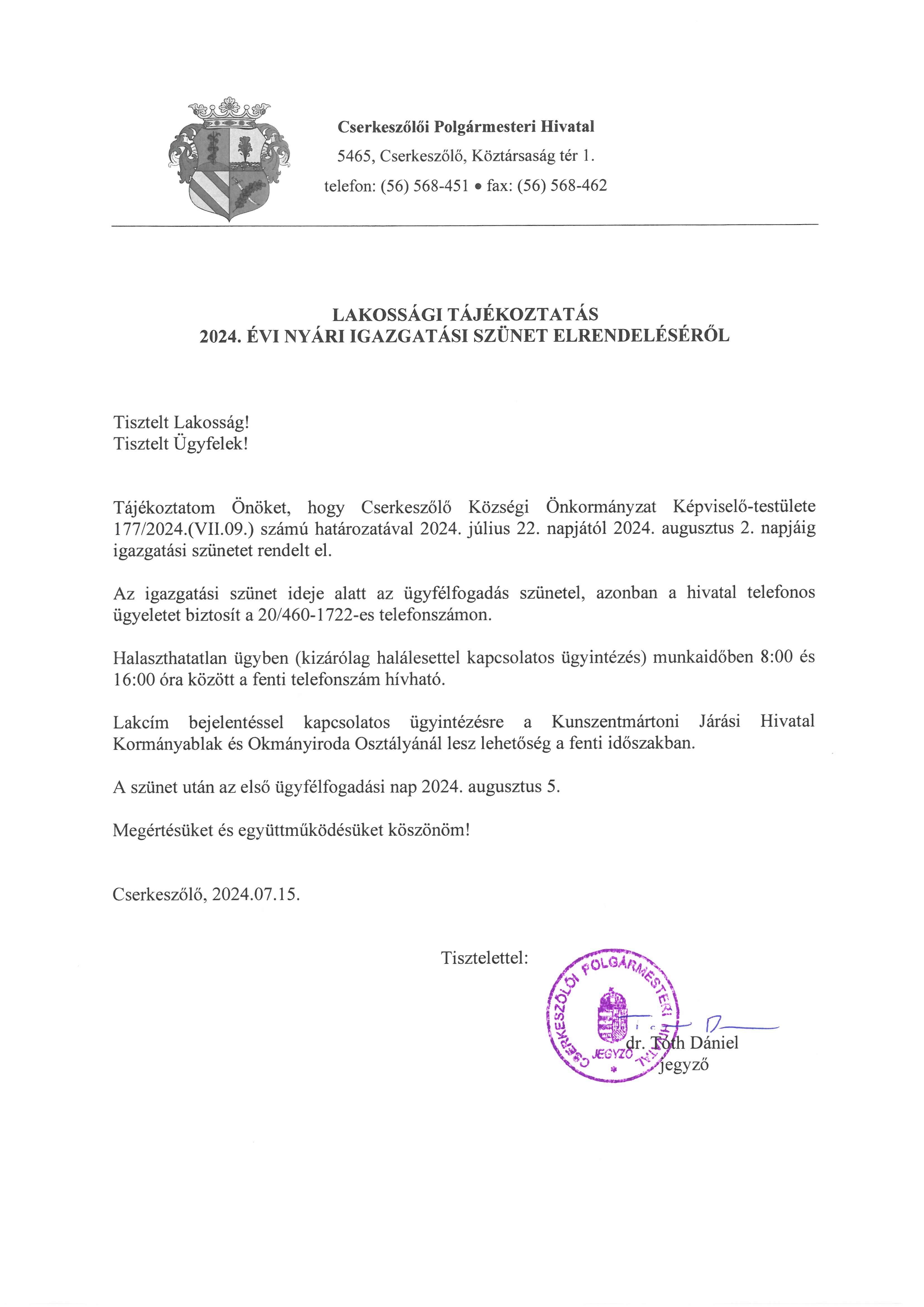 Lakossági tájékoztatás