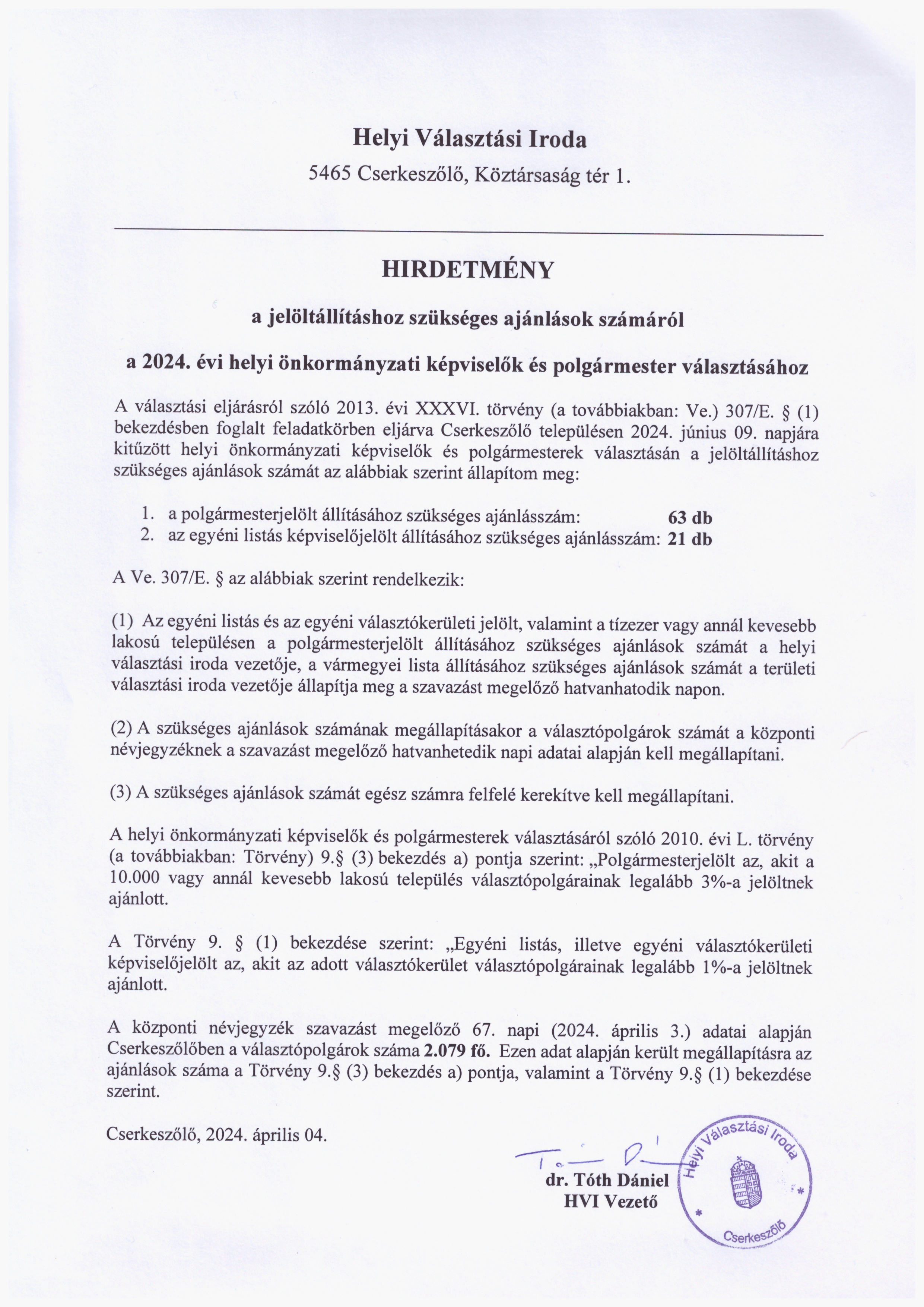 Helyi Választási Iroda - HIRDETMÉNY