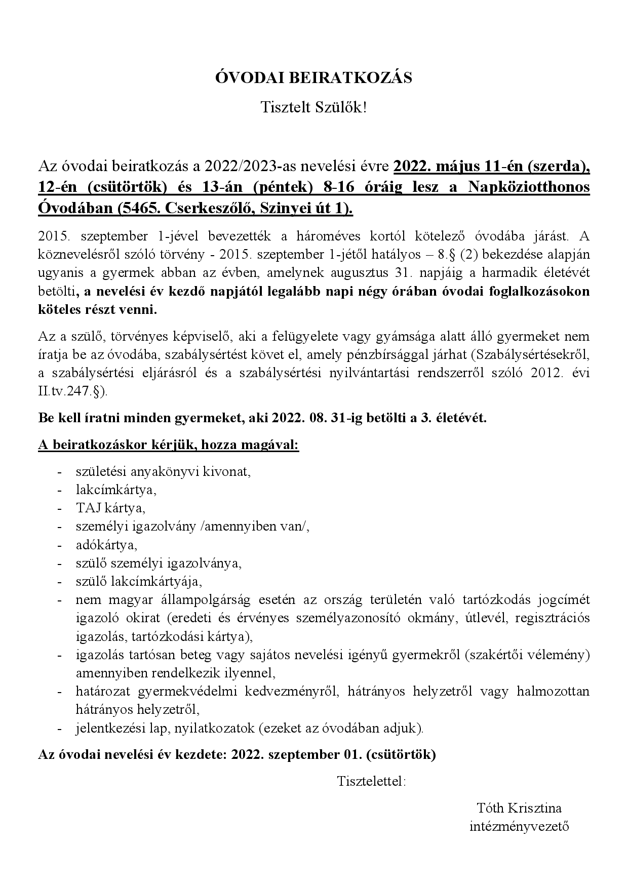 Óvodai beiratkozás