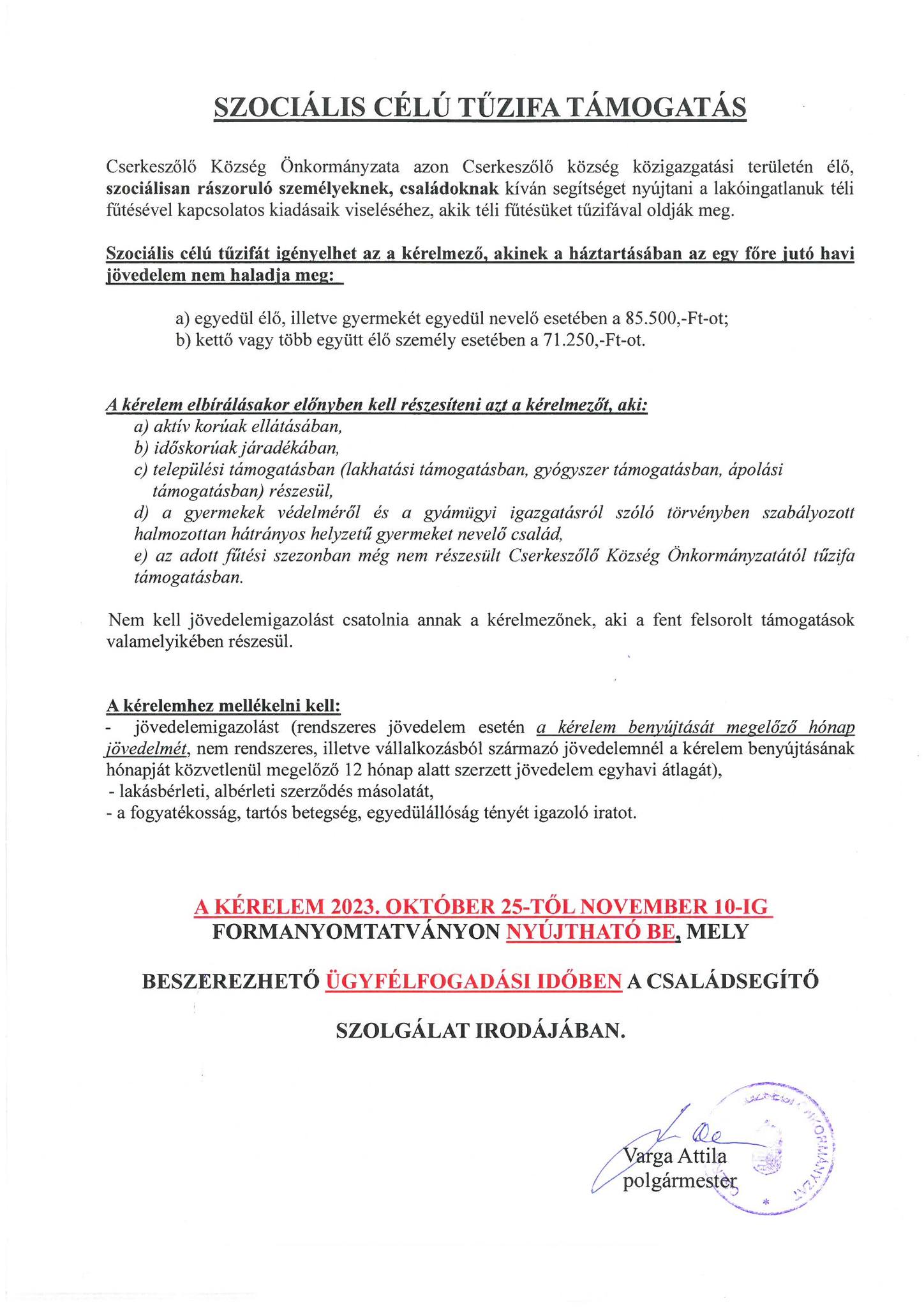 SZOCIÁLIS CÉLÚ TŰZIFA TÁMOGATÁS