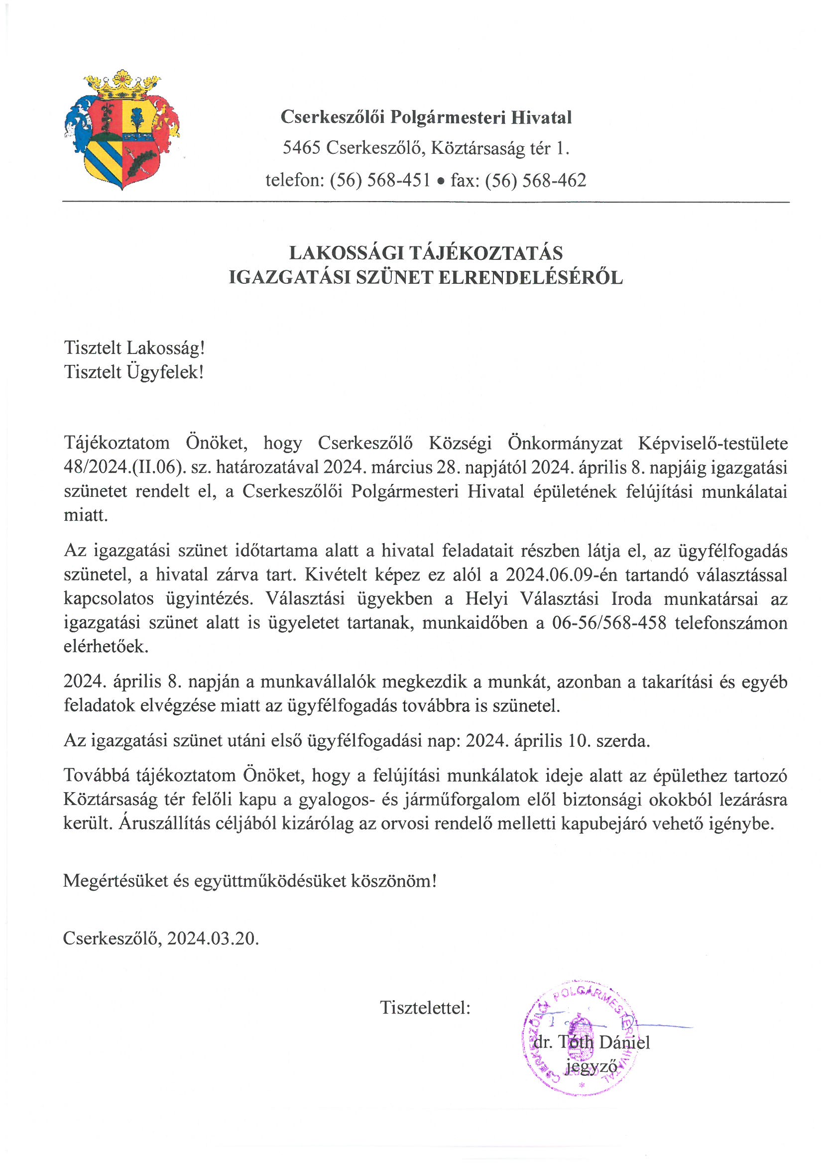 Lakossági tájékoztatás