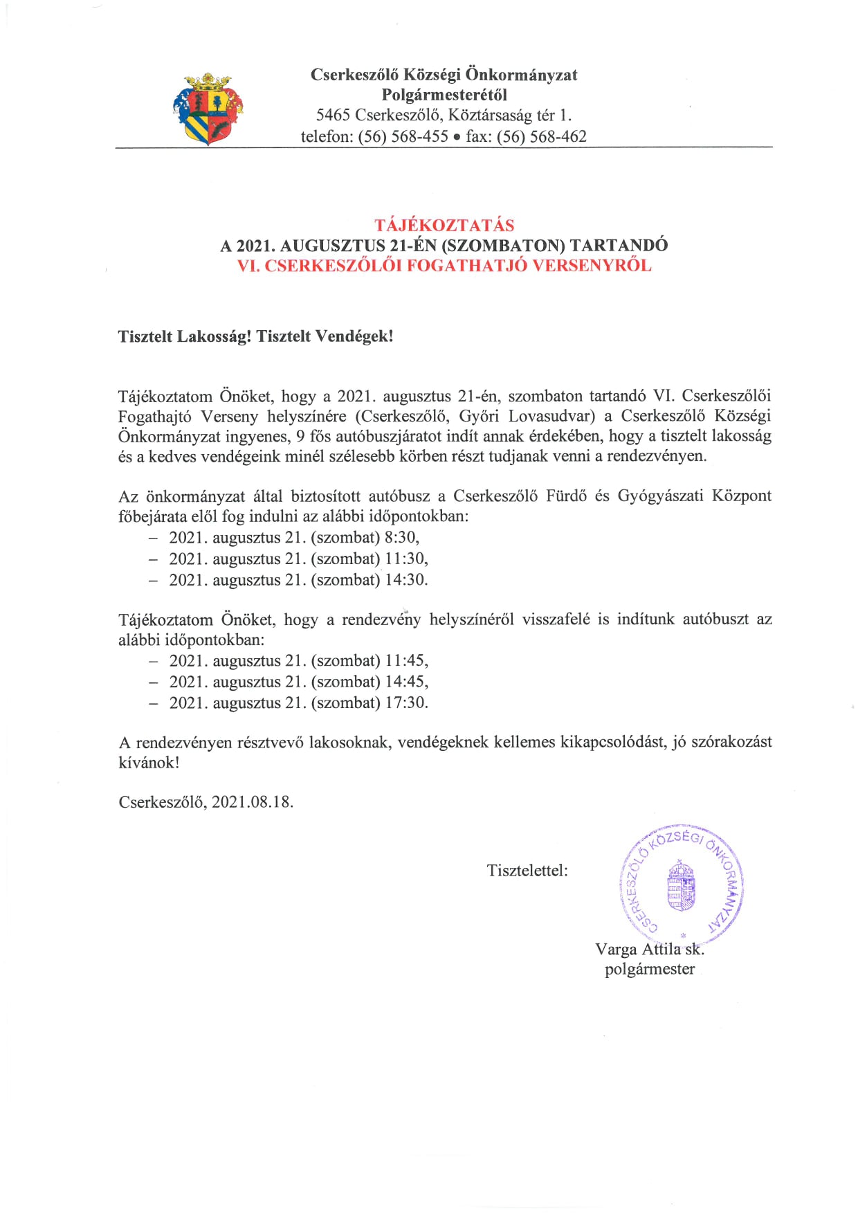 Tájékoztatás a VI. CSERKESZŐLŐI FOGATHAJTÓ VERSENYRŐL