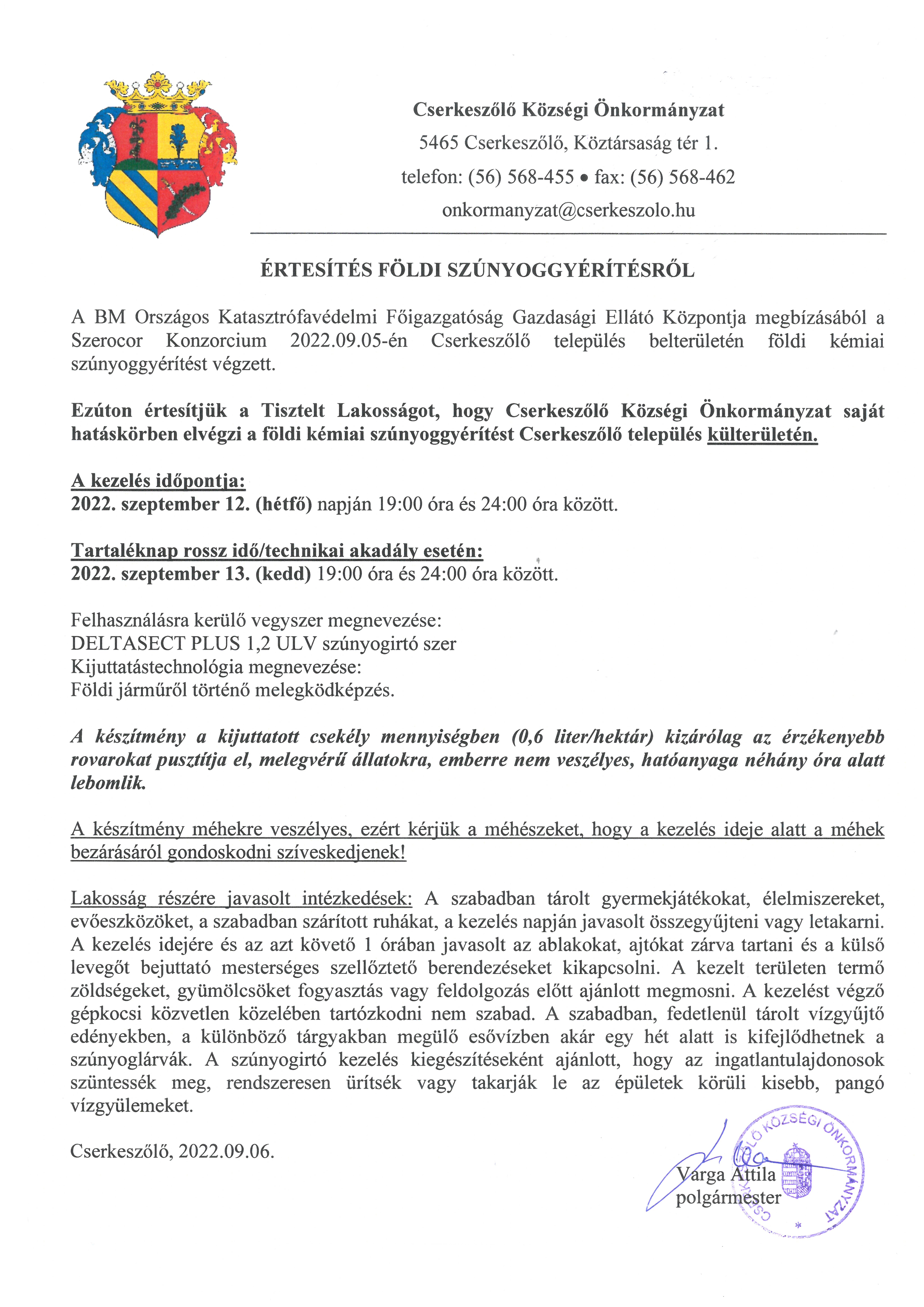 Értesítés földi szúnyoggyérítésről