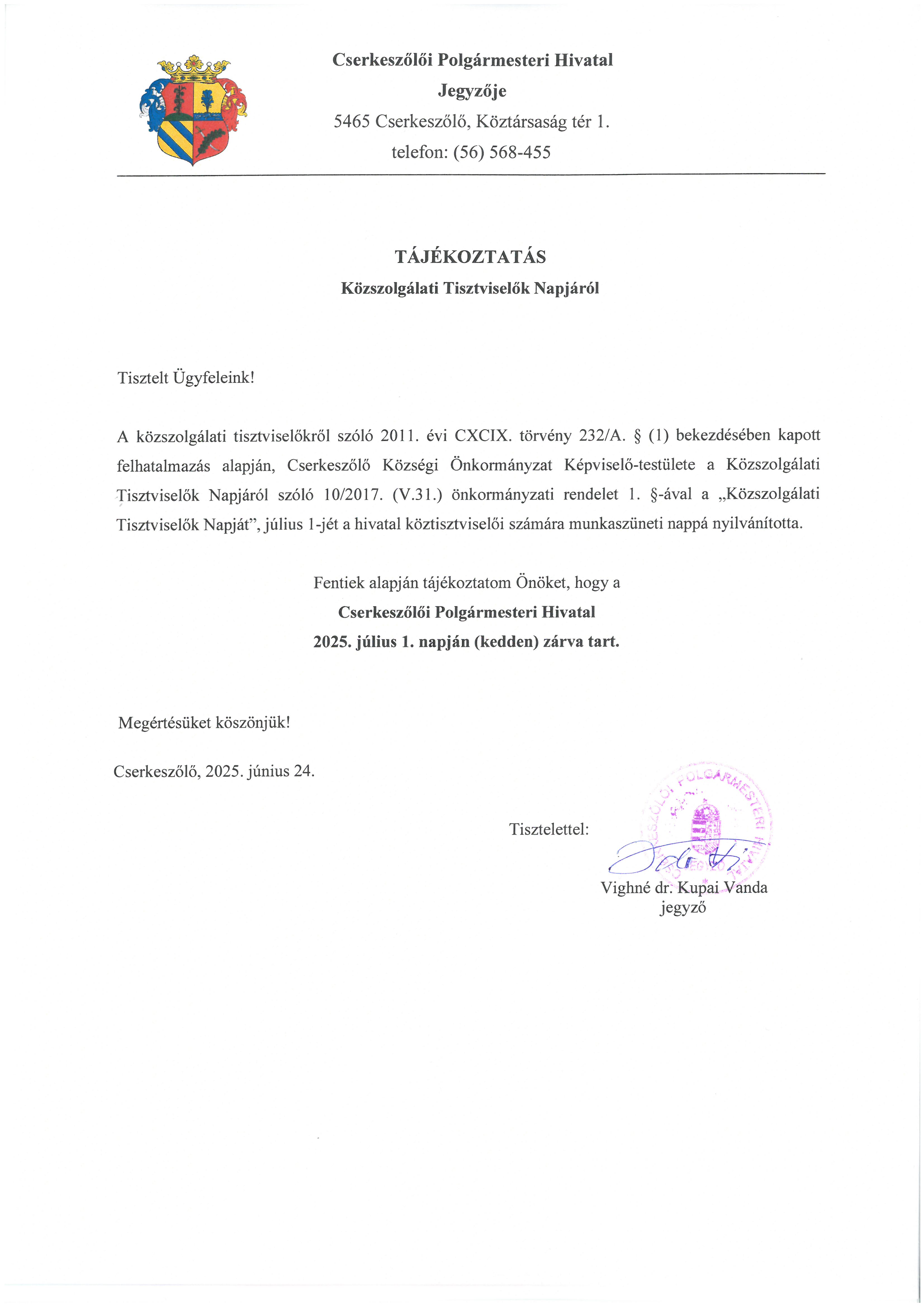 Tájékoztatás Köztisztviselők Napjáról