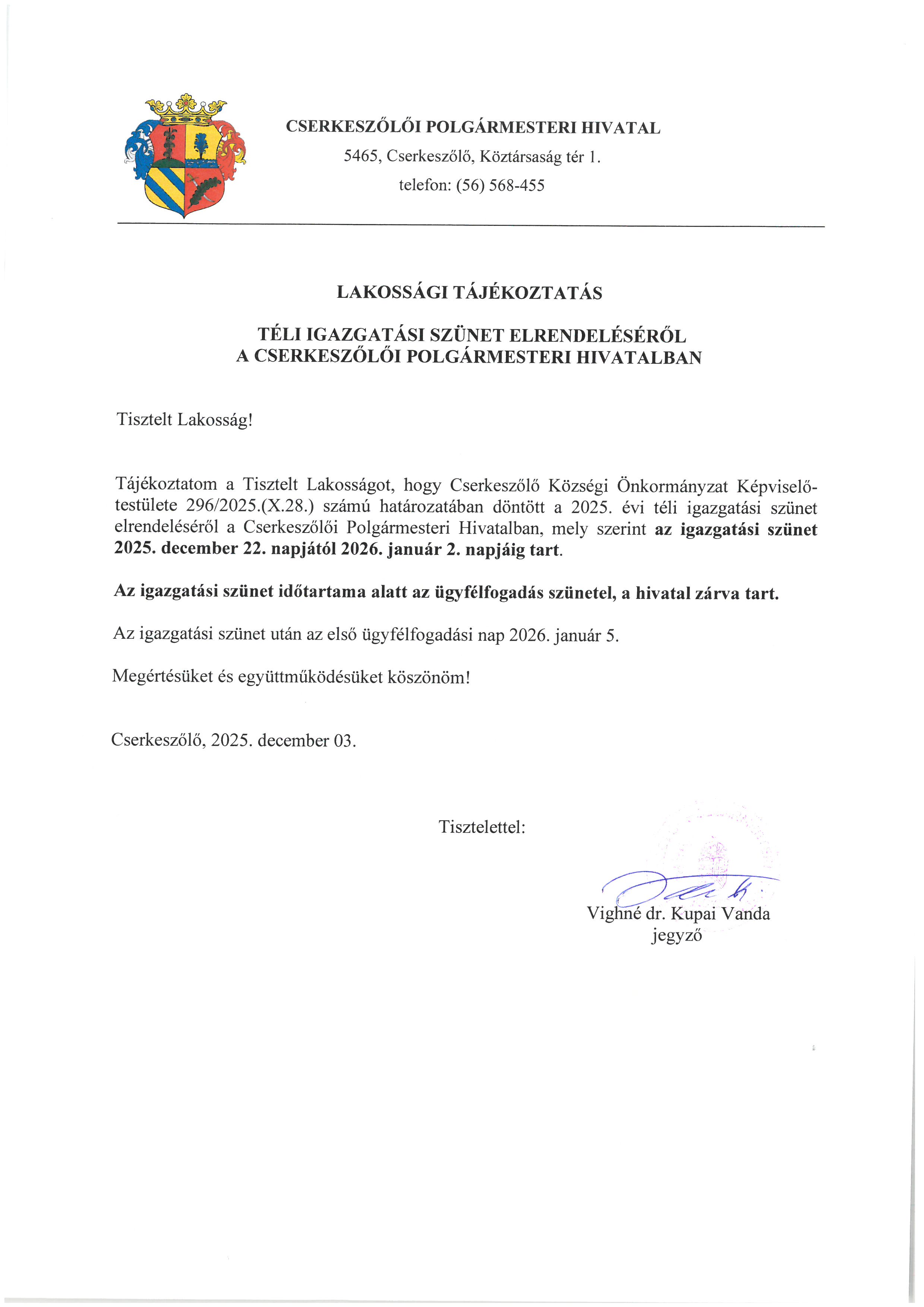 Téli igazgatási szünet
