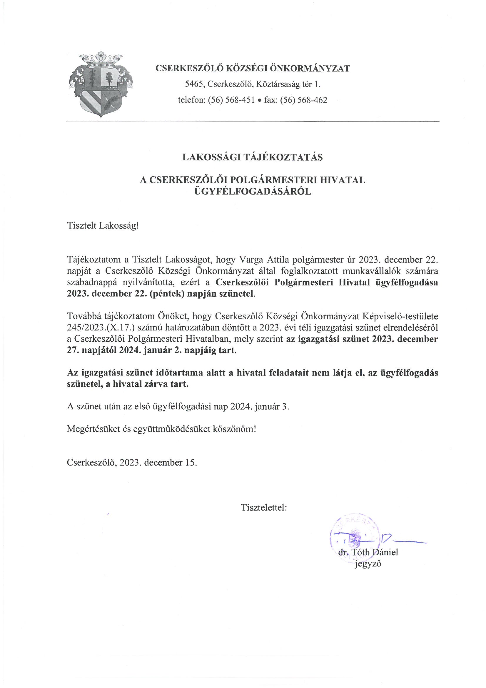 Lakossági tájékoztatás