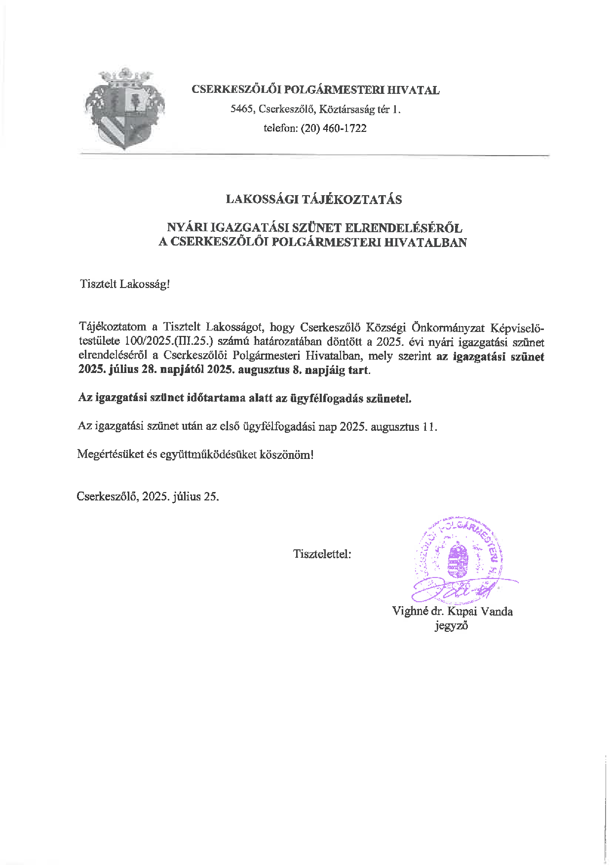 Nyári igazgatási szünet