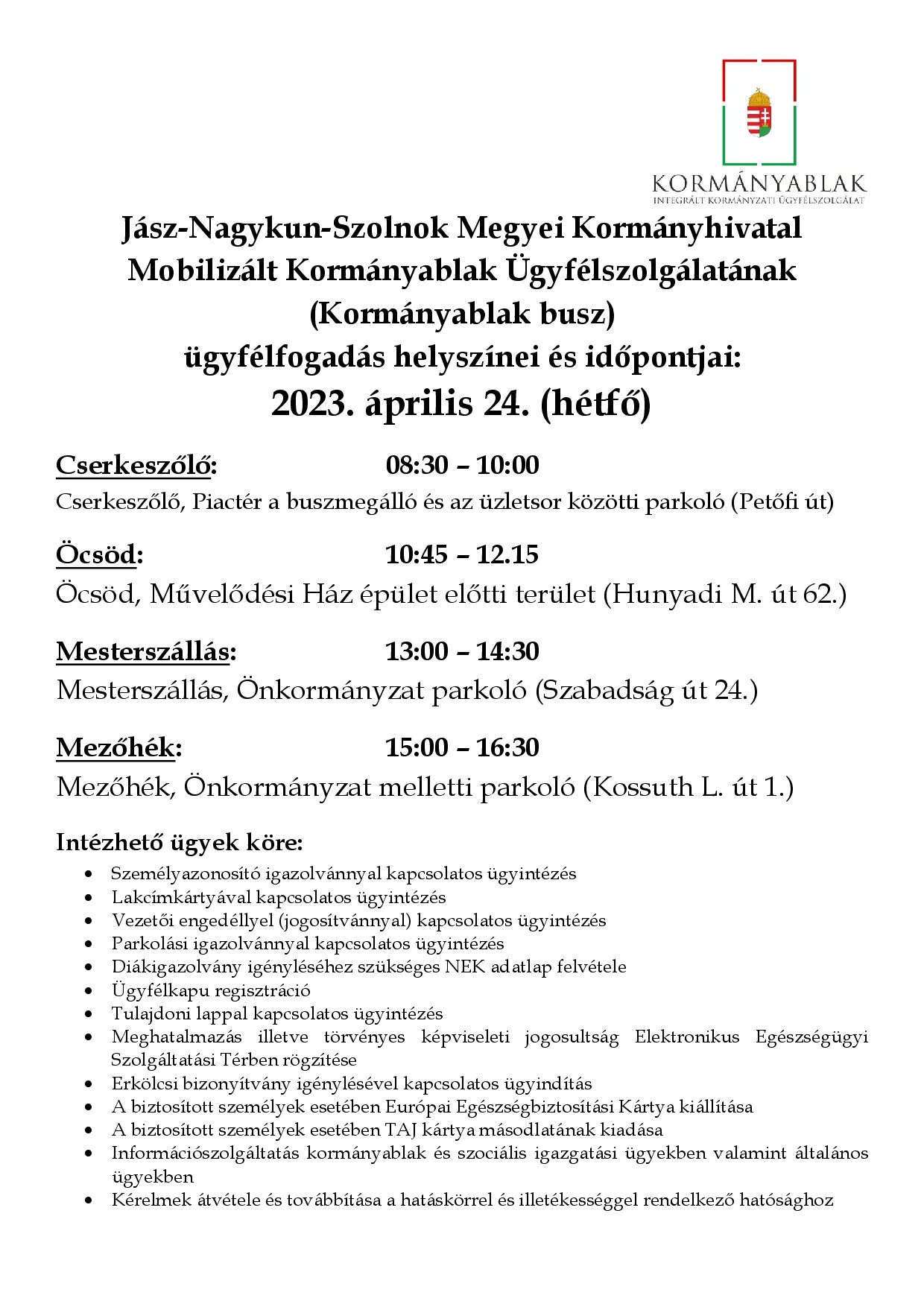 Kormányablak Busz Ügyfélfogadás