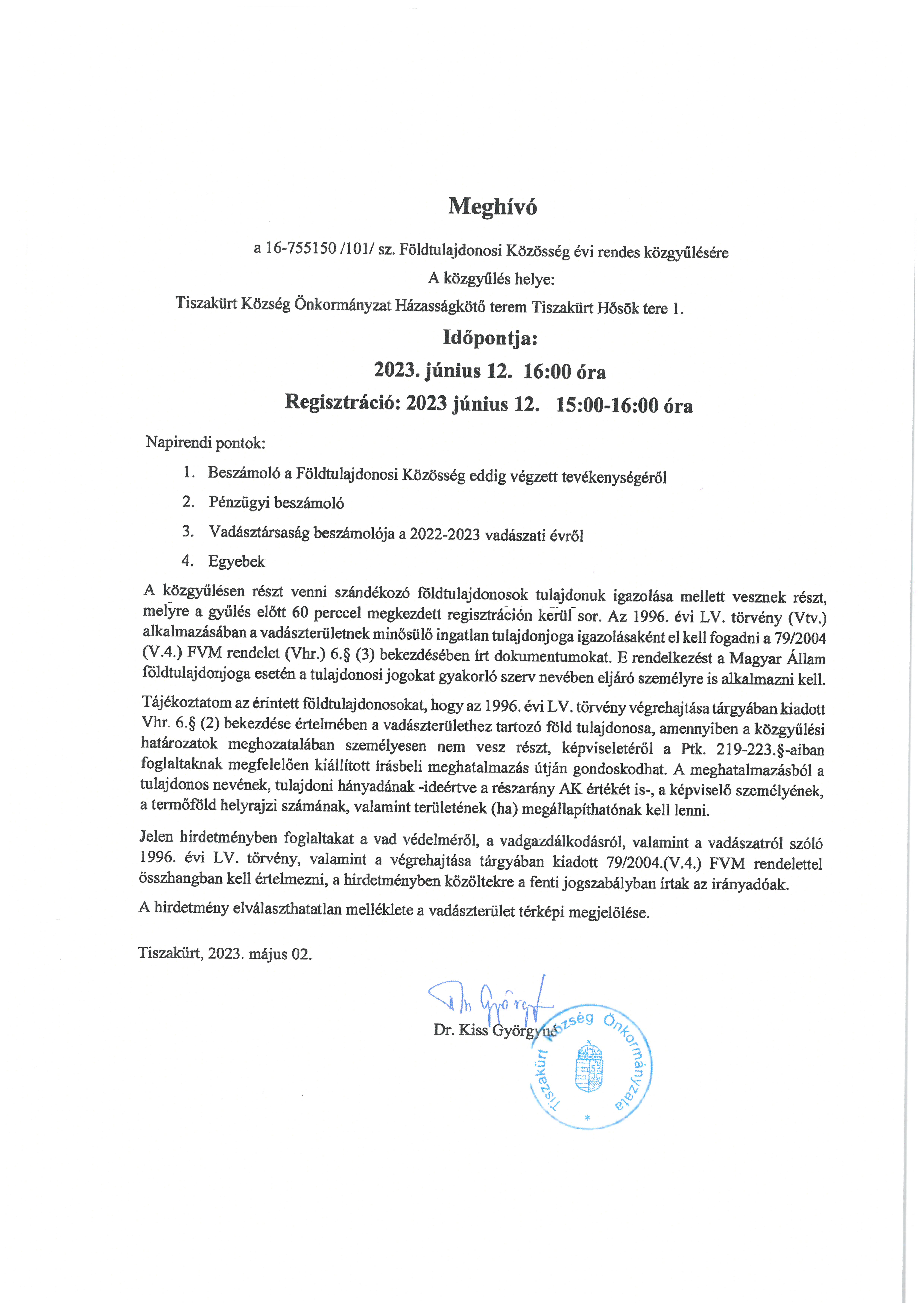 Földtulajdonosi Közösség évi rendes közgyűlése