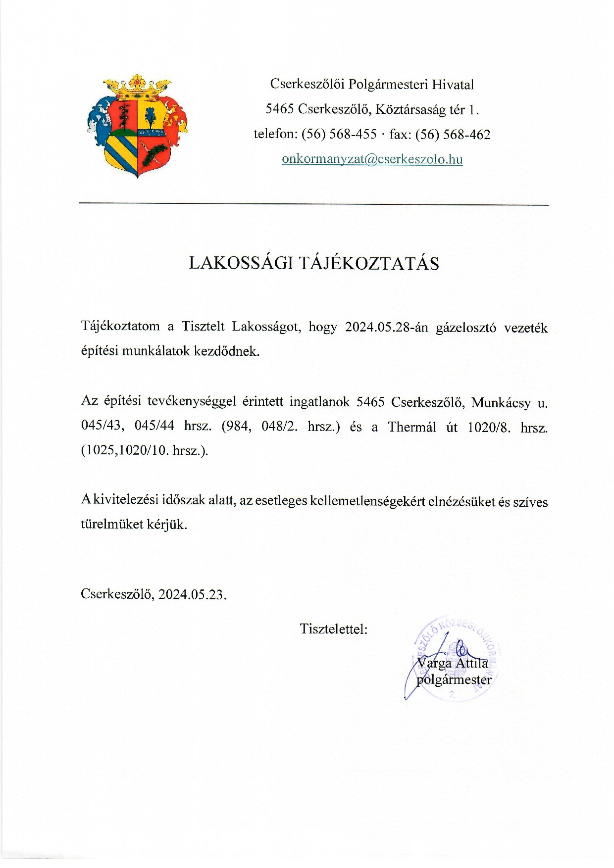 Lakossági tájékoztatás