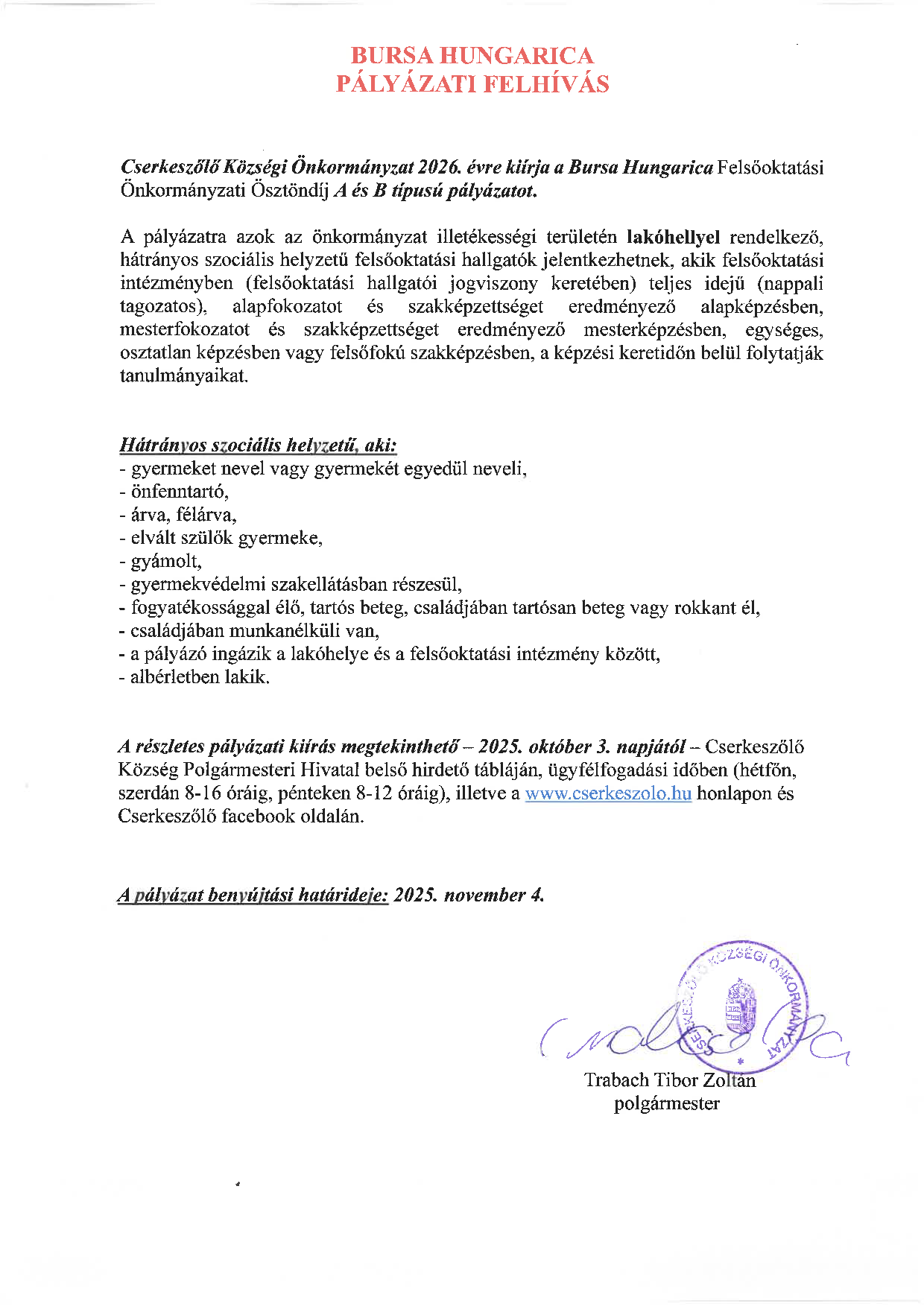 Bursa Hungarica pályázati felhívás