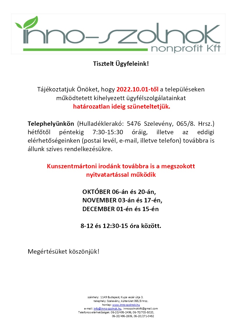 Inno-Szolnok Nonprofit Kft. tájékoztatója
