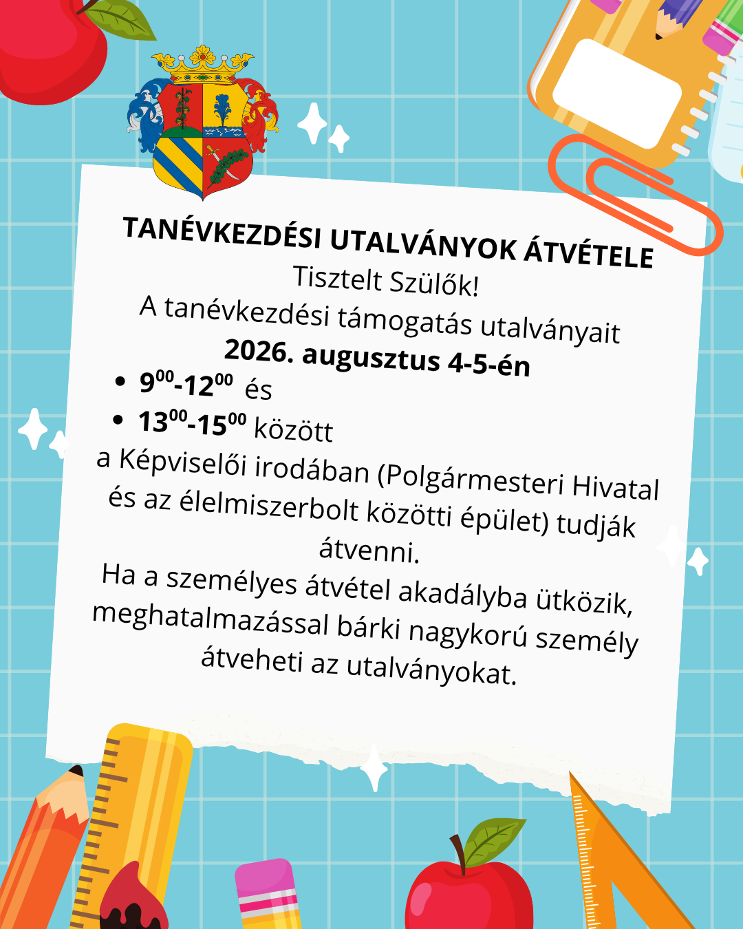 TANÉVKEZDÉSI UTALVÁNYOK ÁTVÉTELE