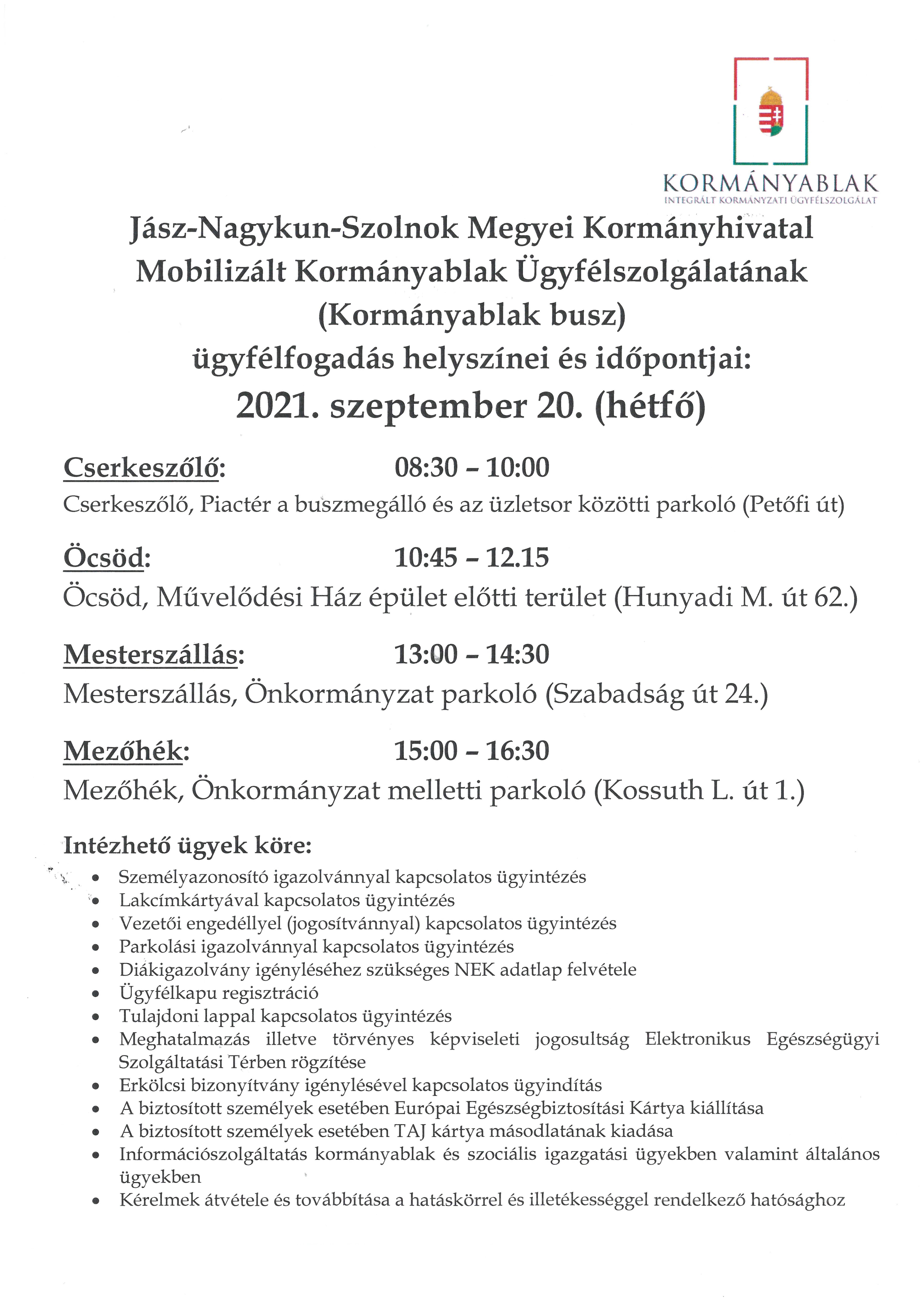 Kormányablak busz ügyfélfogadási rendje