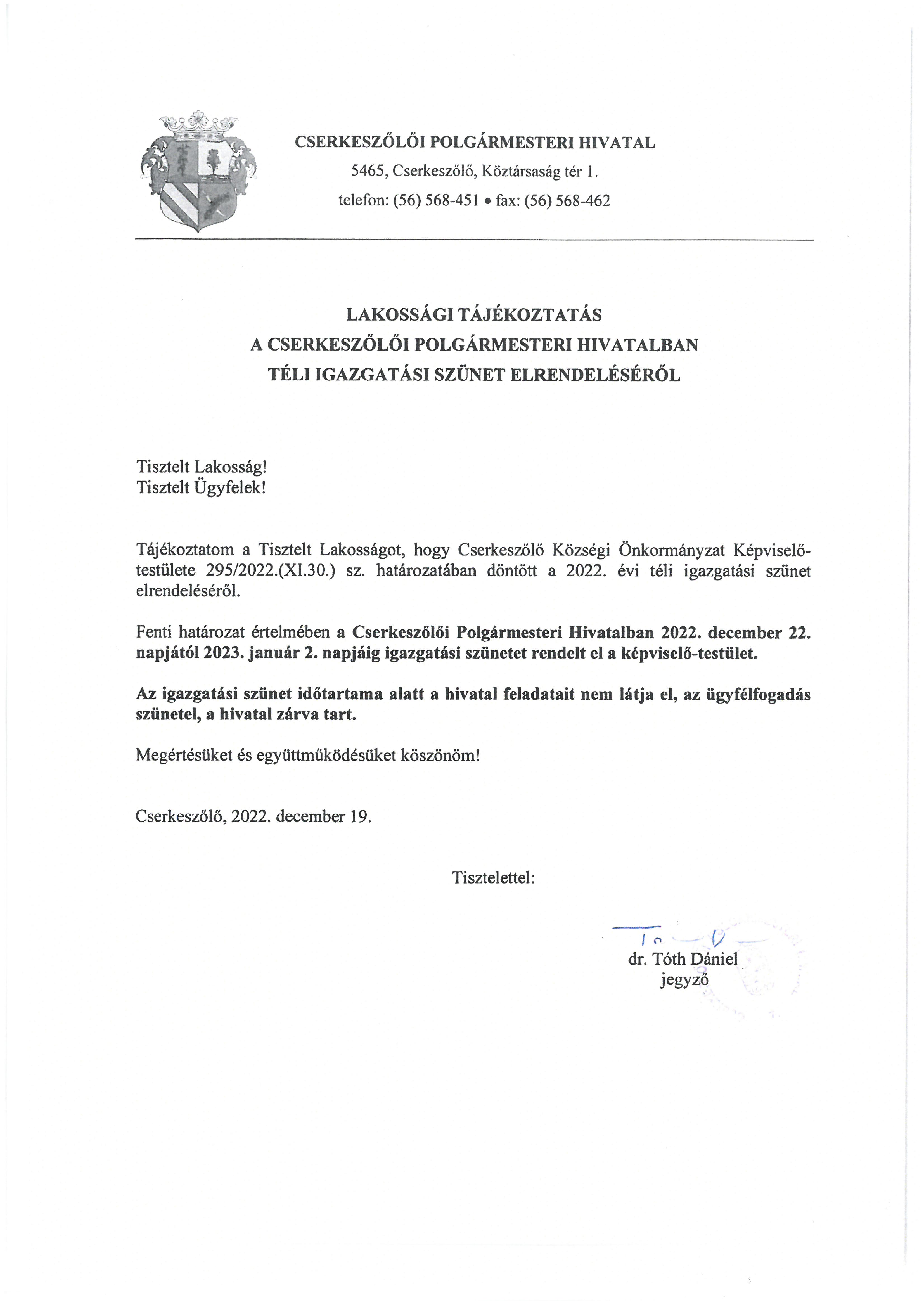 Lakossági tájékoztatás