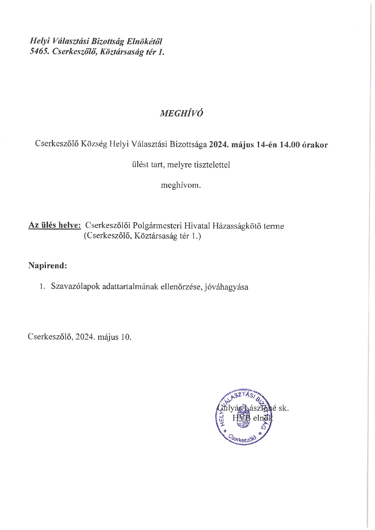 Cserkeszőlő Község Helyi Választási Bizottsága