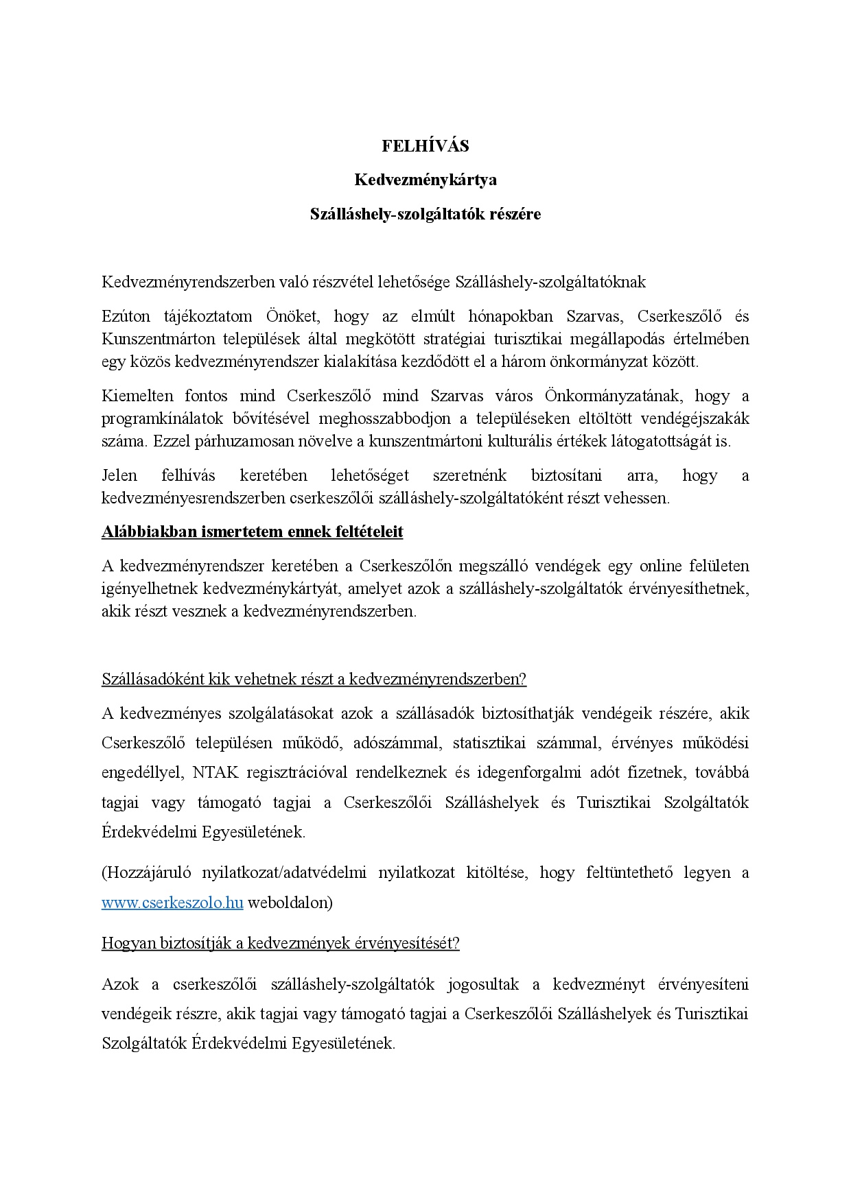 Felhívás szálláshely-szolgáltatók részére