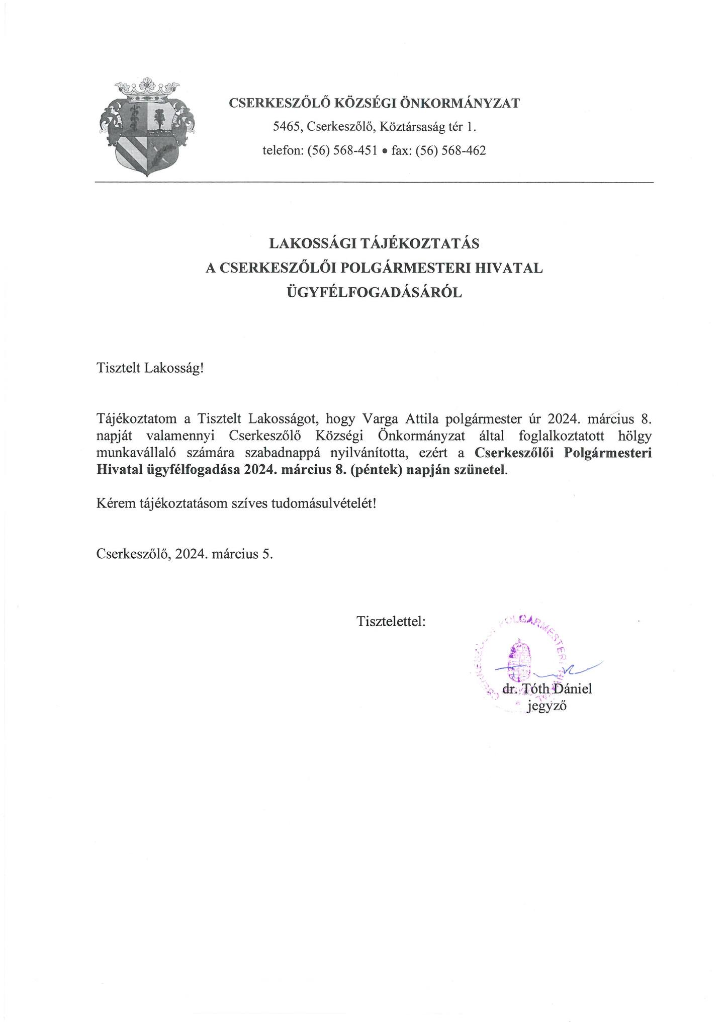 Lakossági tájékoztatás